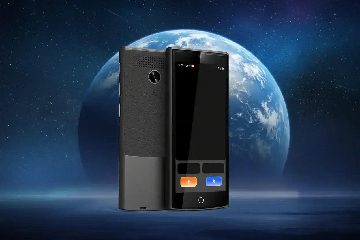 Holavox -Traducteur vocal Instantané portable 140+ Langues sur fond cosmique avec une interface élégante.