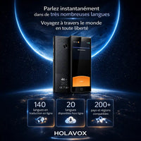 Traducteur vocal instantané HOLAVOX avec fonctionnalités de traduction pour 140 langues en ligne et 20 langues hors ligne.