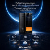 Traducteur vocal instantané HOLAVOX avec fonctionnalités de traduction pour 140 langues en ligne et 20 langues hors ligne.
