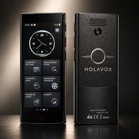 Traducteur vocal instantané HOLAVOX affichant des fonctionnalités de traduction sur un écran tactile moderne.